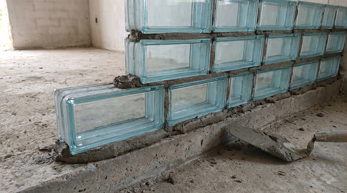 image-1786635340323 Glasbausteinwand mit schief gesetzter erster Reihe, wodurch die Fugen nach oben sichtbar auseinanderlaufen